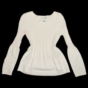Chadwick's Ribbed Babydoll Bell Sleeve White Blouse Women's Size Med VTG